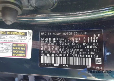 2018 Honda Clarity Plug-In Hybrid Touring from USA, damaged, VIN JHMZC5F32JC001730